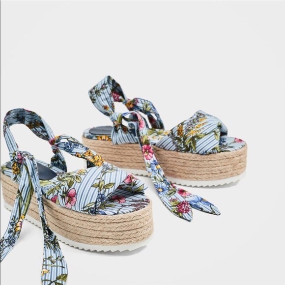 Zara Tied Floral Rafia Platform Wedges Size 39